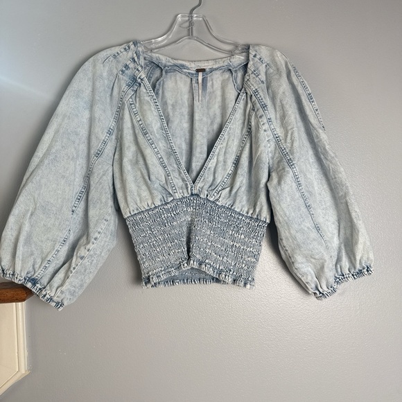 Free People Tops - Free People Light Wash Denim Smocked Waist Blouse